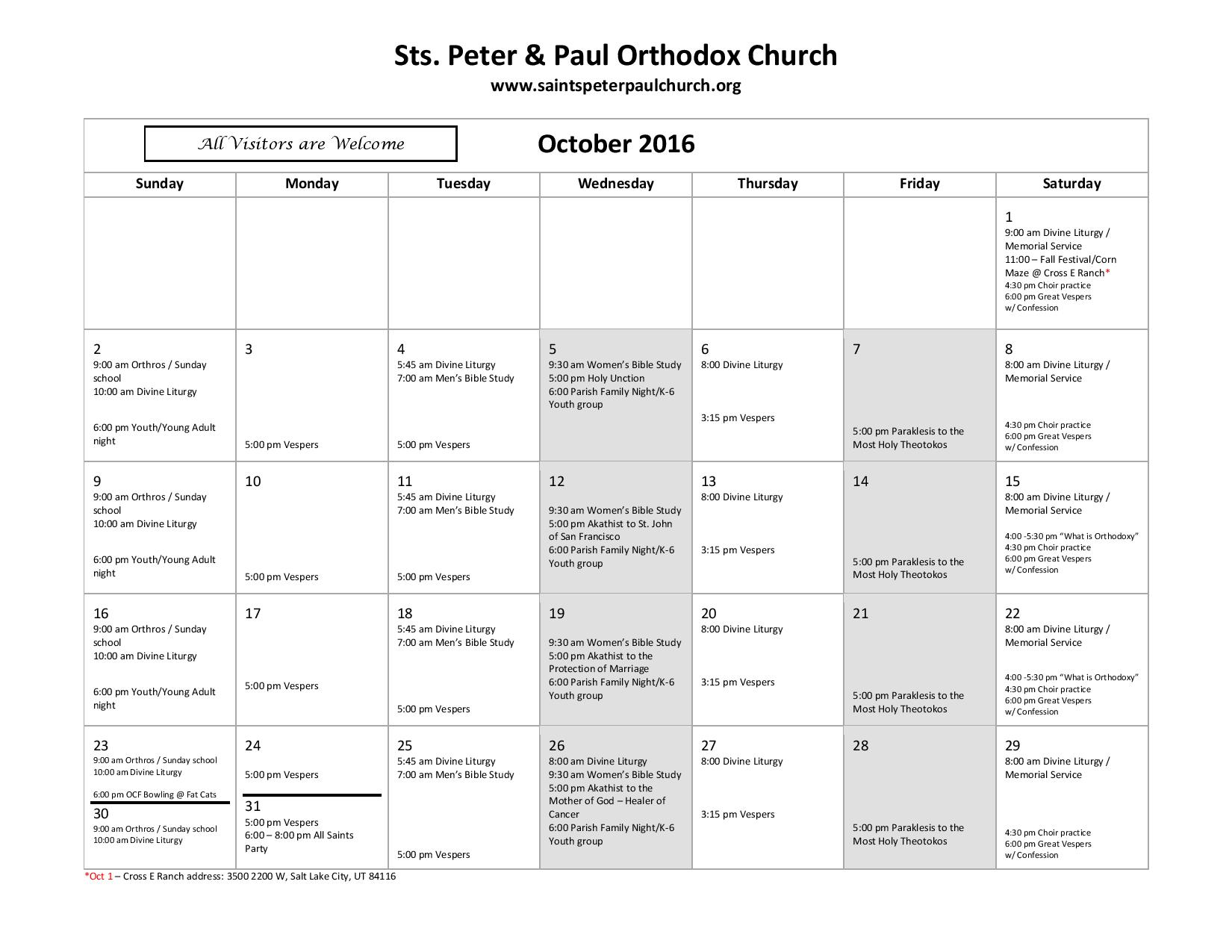 Calendar – Saints Peter & Paul Orthodox Christian Church